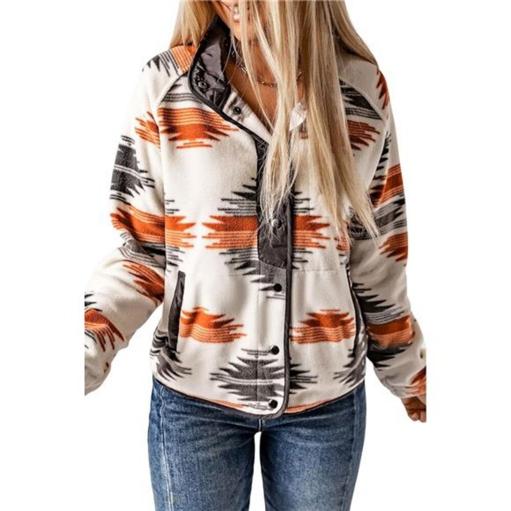 Women's Fleece Jacket Western Aztec‎ Print Snap Button Down Shacket with Pockets